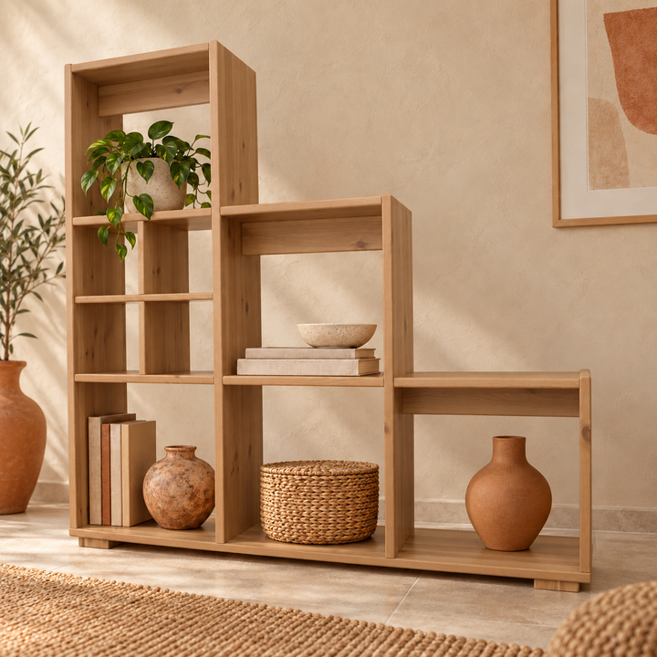Vanessa Raumteiler Massivholz aus 100% Bio Kiefer – Treppenregal für stilvolles Wohnen – capuccino – Wohnambiente