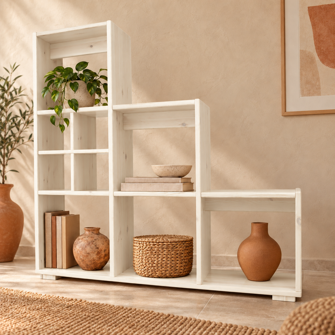 Vanessa Raumteiler Massivholz aus 100% Bio Kiefer – Treppenregal für stilvolles Wohnen – weiss – Wohnambiente