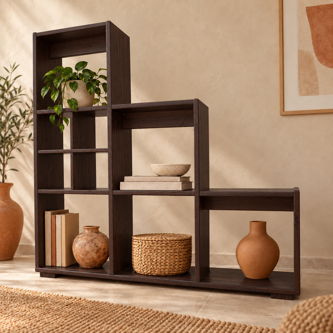 Vanessa Raumteiler Massivholz aus 100% Bio Kiefer – Treppenregal für stilvolles Wohnen – wenge – Wohnambiente