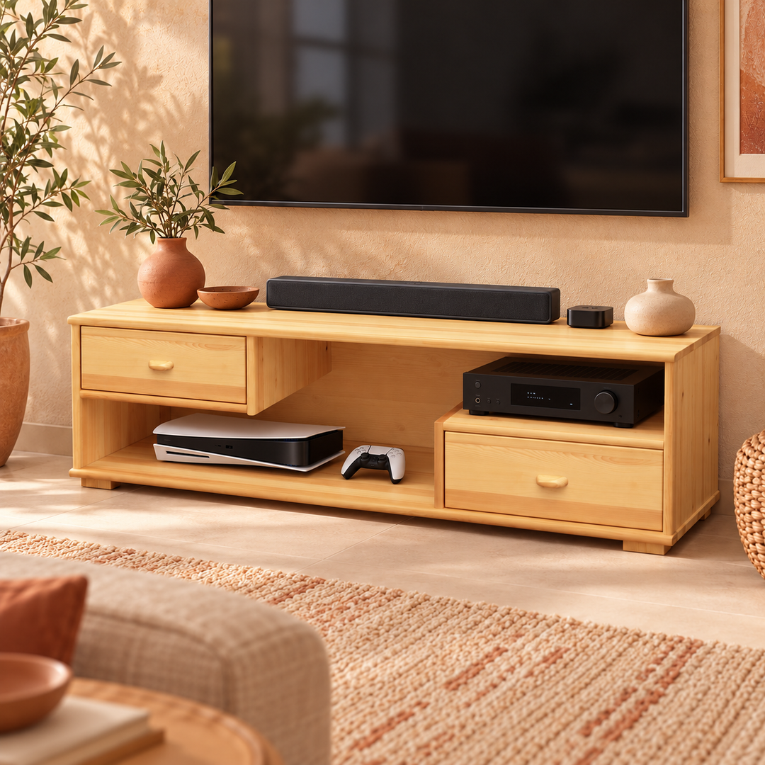 kiefer_massivholz_Vanessa TV-Schrank aus Kiefer Massivholz, TV-Lowboard mit 2 Schubladen aus Kiefer – Natur