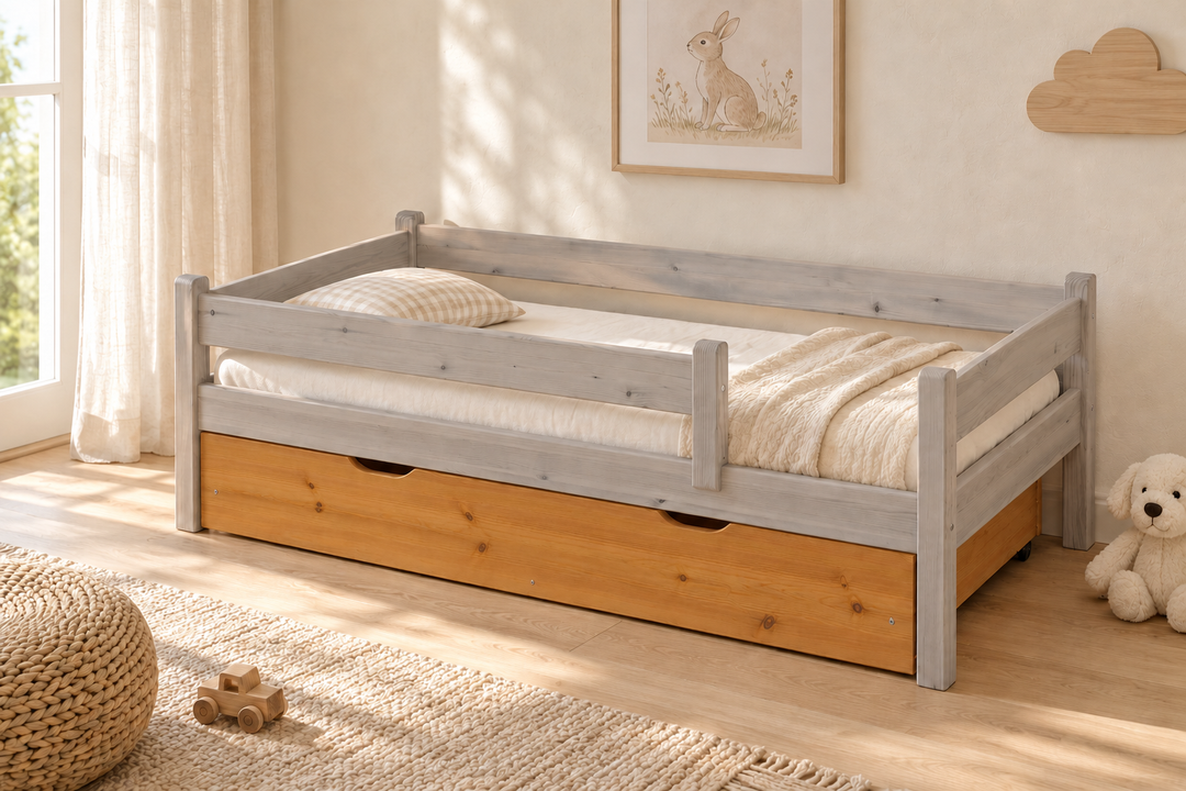 Bettkasten Kinderbett 80x160cm aus Kiefer Massivholz | 100% Bio | Naturholz – Antik Kiefer – Modell- und Farbansicht