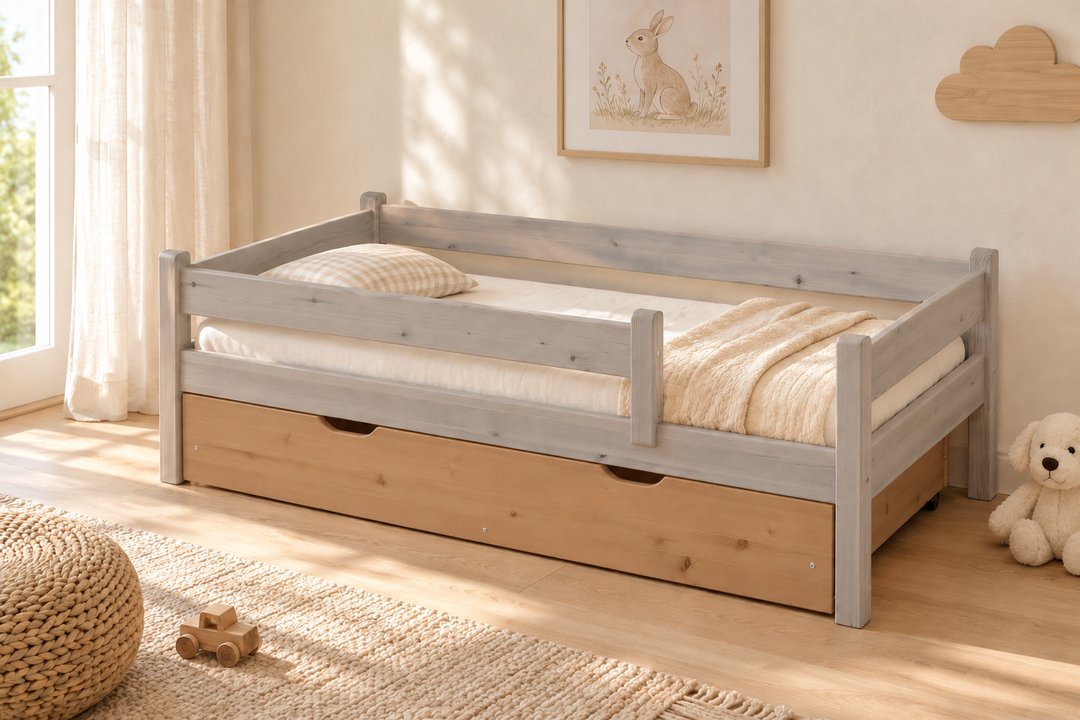 Bettkasten Kinderbett 80x160cm aus Kiefer Massivholz | 100% Bio | Naturholz – Capuccino – Modell- und Farbansicht