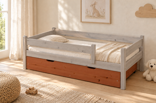 Bettkasten Kinderbett 80x160cm aus Kiefer Massivholz | 100% Bio | Naturholz – Kirsch – Modell- und Farbansicht