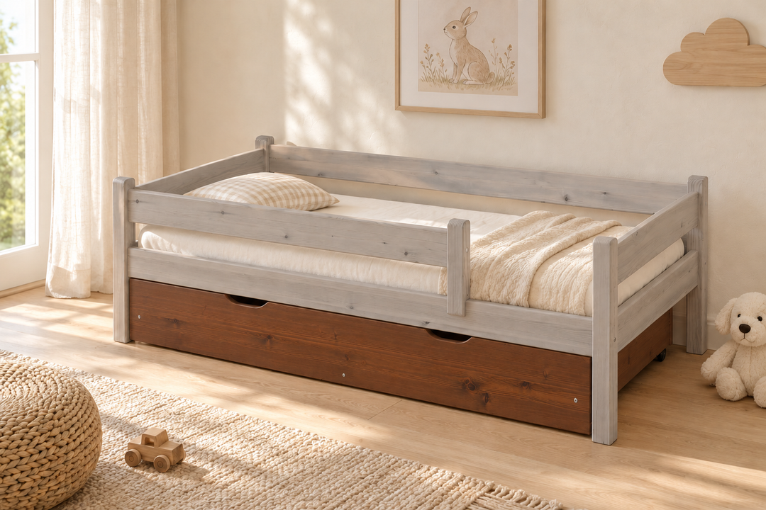 Bettkasten Kinderbett 80x160cm aus Kiefer Massivholz | 100% Bio | Naturholz – Kolonial – Modell- und Farbansicht