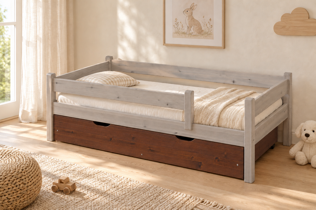 Bettkasten Kinderbett 80x160cm aus Kiefer Massivholz | 100% Bio | Naturholz – Nussbaum – Modell- und Farbansicht