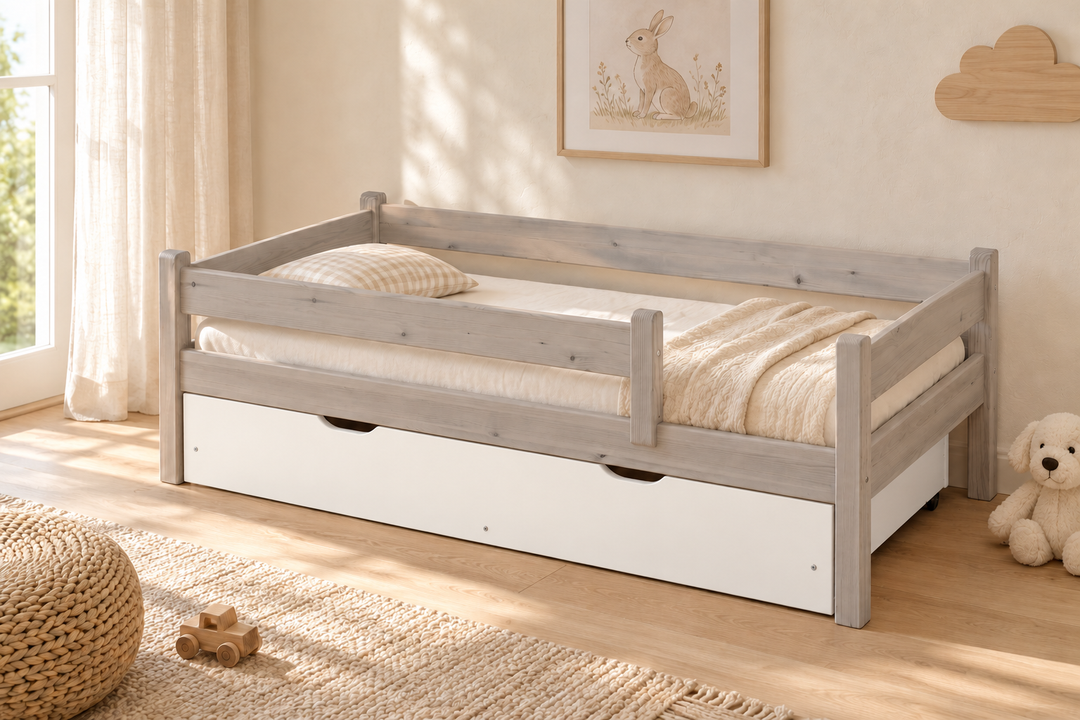 Bettkasten Kinderbett 80x160cm aus Kiefer Massivholz | 100% Bio | Naturholz – Schneeweiss – Modell- und Farbansicht