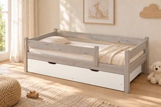 Bettkasten Kinderbett 80x160cm aus Kiefer Massivholz | 100% Bio | Naturholz – Schneeweiss – Modell- und Farbansicht