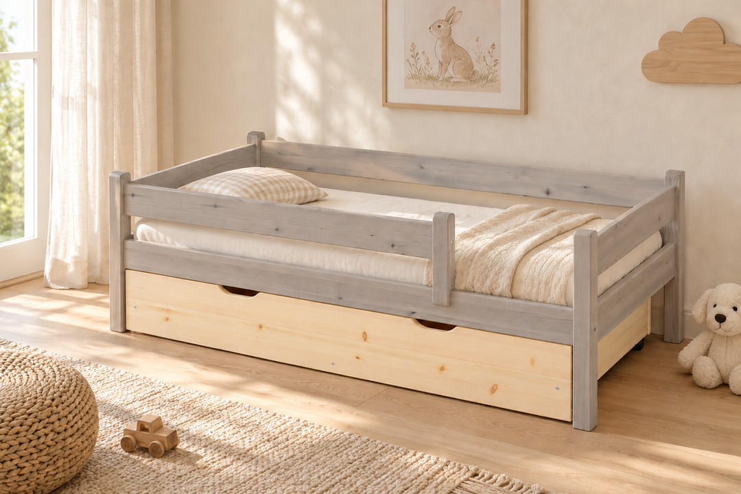 Bettkasten Kinderbett 80x160cm aus Kiefer Massivholz | 100% Bio | Naturholz – Natur unbehandelt ohne Lack – Modell- und Farbansicht