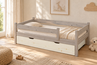 Bettkasten Kinderbett 80x160cm aus Kiefer Massivholz | 100% Bio | Naturholz – Weiss – Modell- und Farbansicht