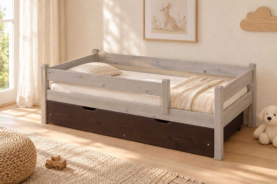 Bettkasten Kinderbett 80x160cm aus Kiefer Massivholz | 100% Bio | Naturholz – Wenge – Modell- und Farbansicht
