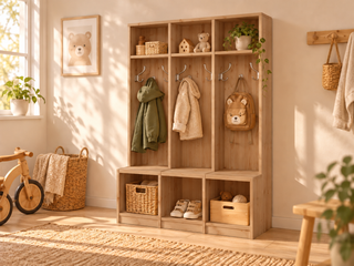 Bio Kiefer Kindergarderobe – Praktische & stilvolle Lösung für Ihr Kinderzimmer – Capuccino – Modell- und Farbansicht