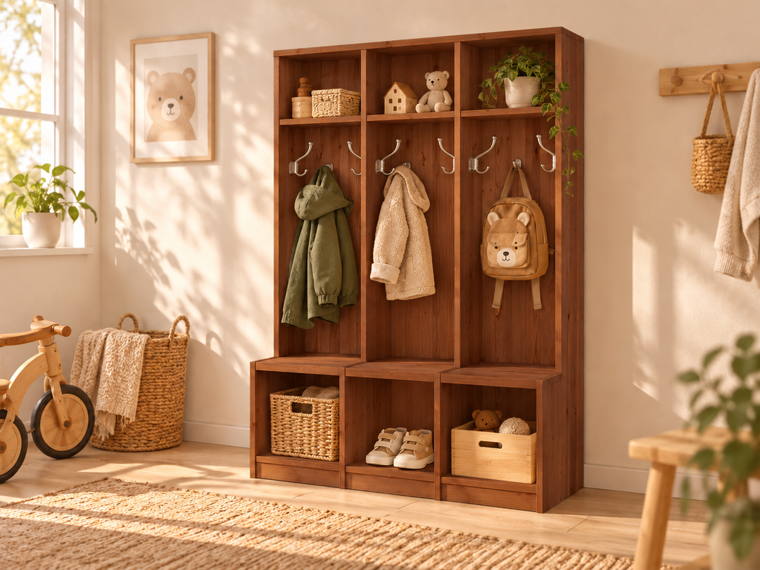 Bio Kiefer Kindergarderobe – Praktische & stilvolle Lösung für Ihr Kinderzimmer – Kolonial – Modell- und Farbansicht