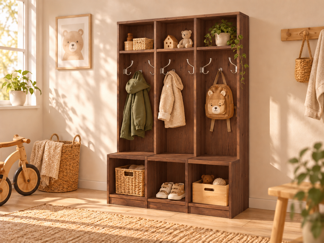 Bio Kiefer Kindergarderobe – Praktische & stilvolle Lösung für Ihr Kinderzimmer – Nussbaum – Modell- und Farbansicht
