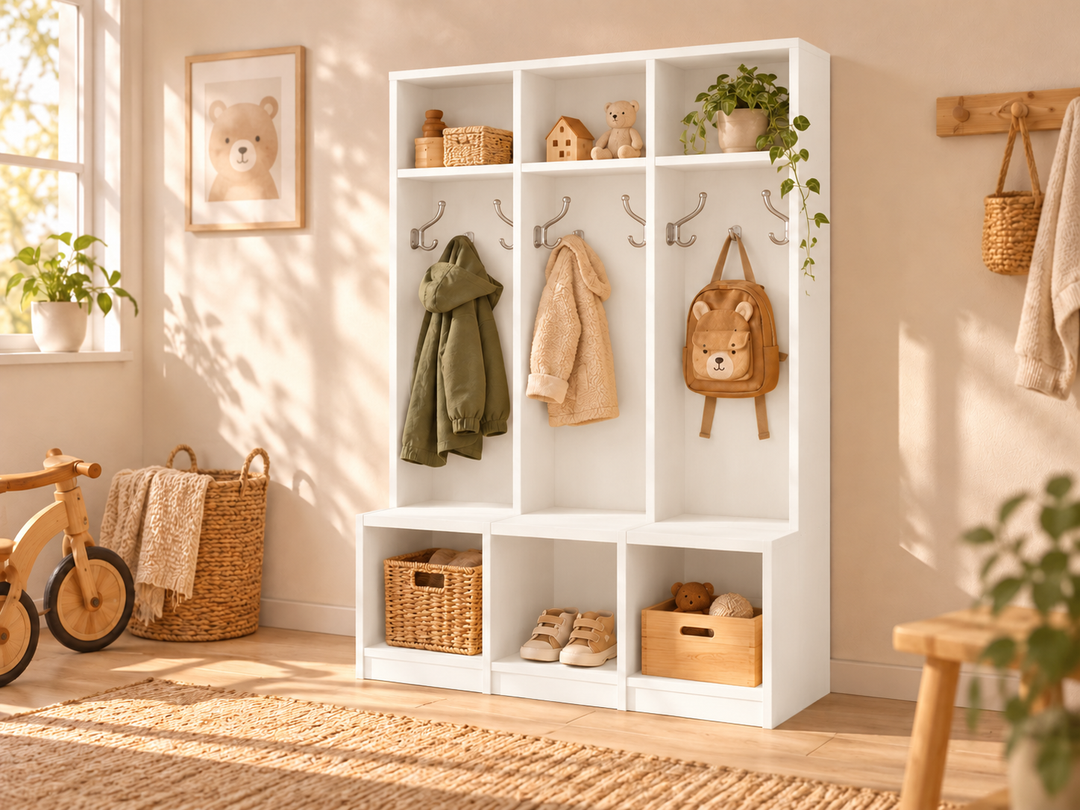 Bio Kiefer Kindergarderobe – Praktische & stilvolle Lösung für Ihr Kinderzimmer – Schneeweiss – Modell- und Farbansicht