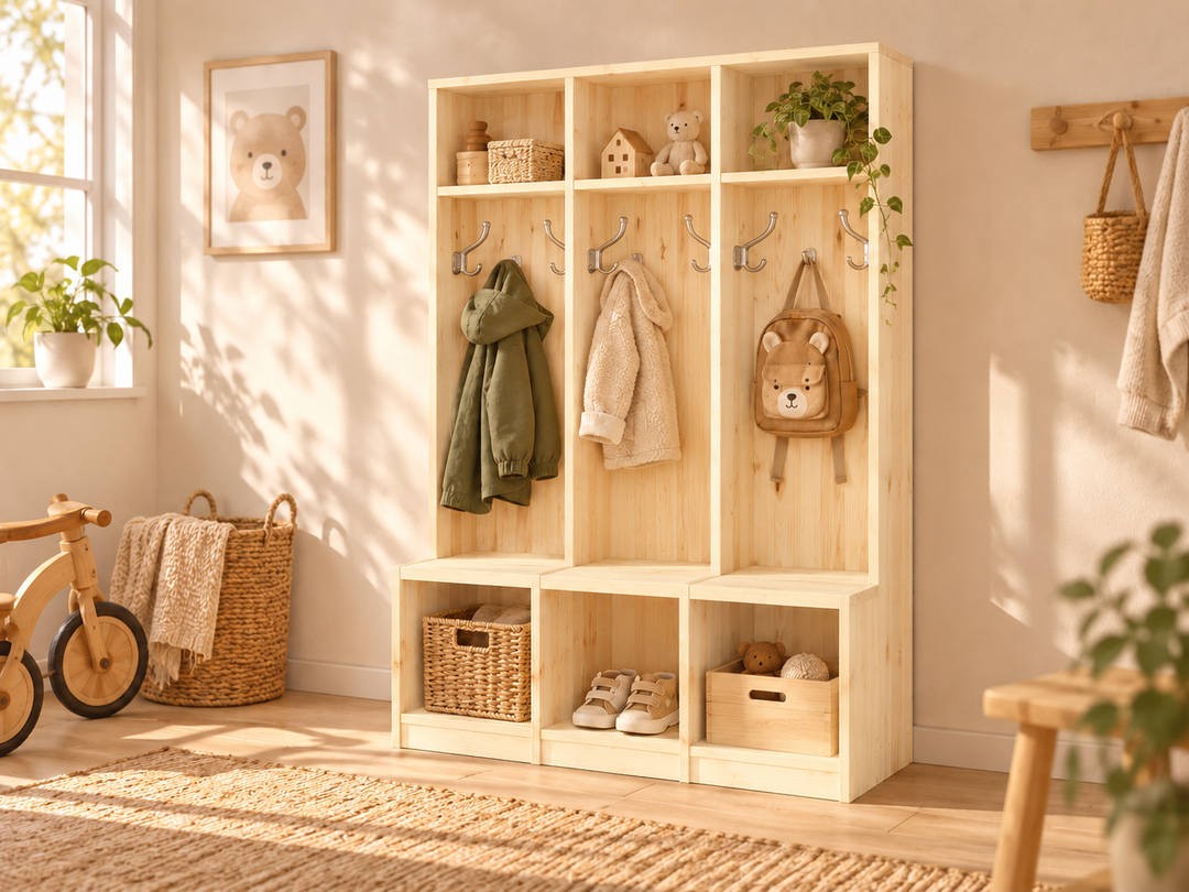 Bio Kiefer Kindergarderobe – Praktische & stilvolle Lösung für Ihr Kinderzimmer – Natur unbehandelt ohne Lack – Modell- und Farbansicht