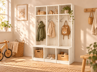 Bio Kiefer Kindergarderobe – Praktische & stilvolle Lösung für Ihr Kinderzimmer – Weiss – Modell- und Farbansicht