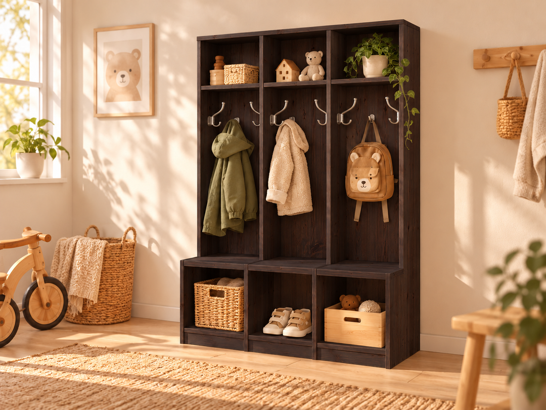 Bio Kiefer Kindergarderobe – Praktische & stilvolle Lösung für Ihr Kinderzimmer – Wenge – Modell- und Farbansicht