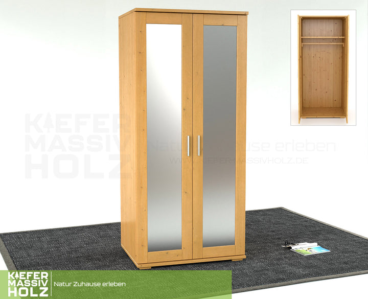Nobis mirrored door cabinet | Wardrobe | with clothes rail | 100% organic pine solid wood