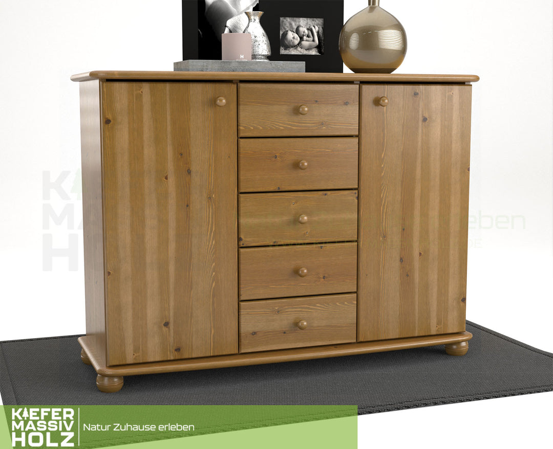 Anika Kommode Sideboard | Anrichte | 2-Türig | 5-Schubladen | 100% Bio Kiefer Massivholz