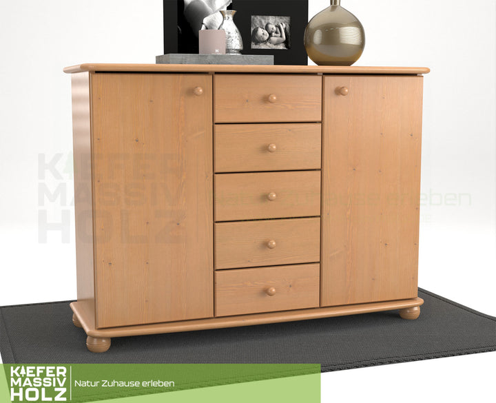 Anika Kommode Sideboard | Anrichte | 2-Türig | 5-Schubladen | 100% Bio Kiefer Massivholz