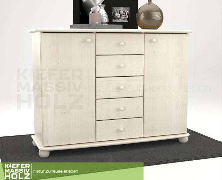 Anika Kommode Sideboard | Anrichte | 2-Türig | 5-Schubladen | 100% Bio Kiefer Massivholz