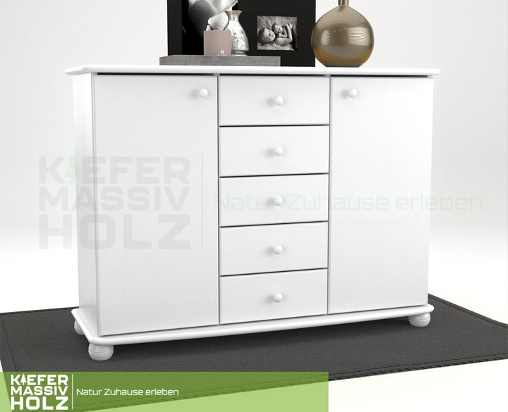 Anika Kommode Sideboard | Anrichte | 2-Türig | 5-Schubladen | 100% Bio Kiefer Massivholz