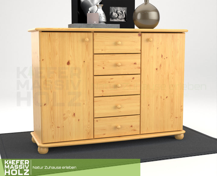 Anika Kommode Sideboard | Anrichte | 2-Türig | 5-Schubladen | 100% Bio Kiefer Massivholz