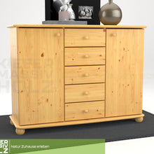 Anika Kommode Sideboard | Anrichte | 2-Türig | 5-Schubladen | 100% Bio Kiefer Massivholz