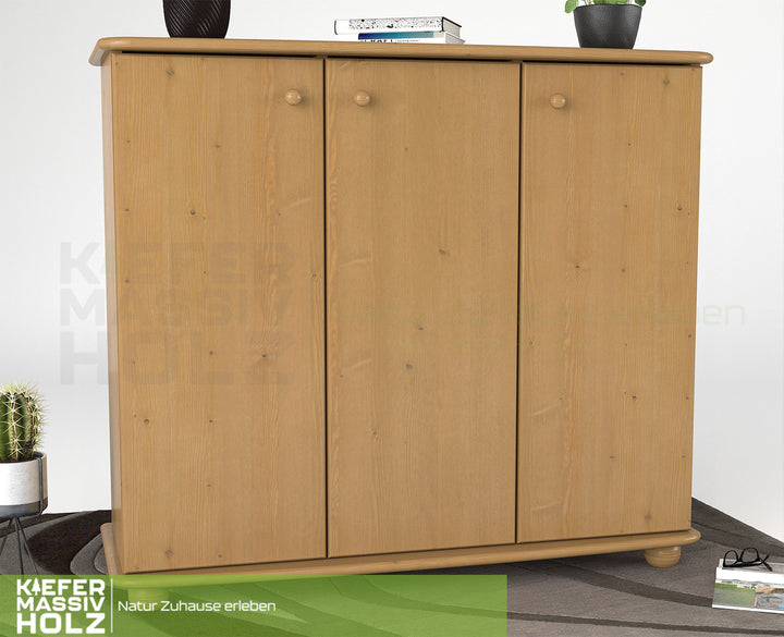 Anika Kommode Sideboard 93er | Anrichte | 3-Türig mit Regalfächer | 100% Bio Kiefer Massivholz