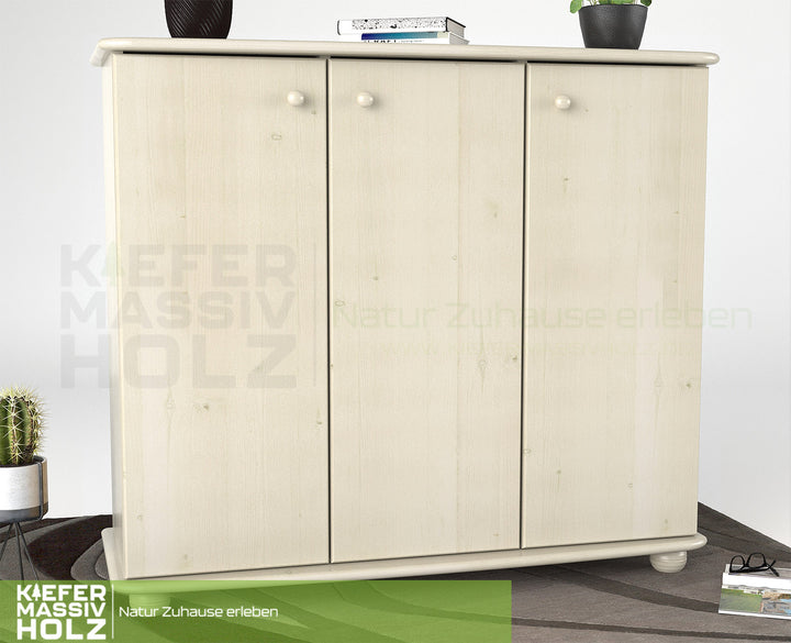 Anika Kommode Sideboard 93er | Anrichte | 3-Türig mit Regalfächer | 100% Bio Kiefer Massivholz