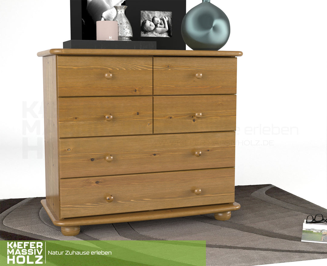 Claudia Kommode Sideboard | Anrichte | 6-Schubladen | 100% Bio Kiefer Massivholz