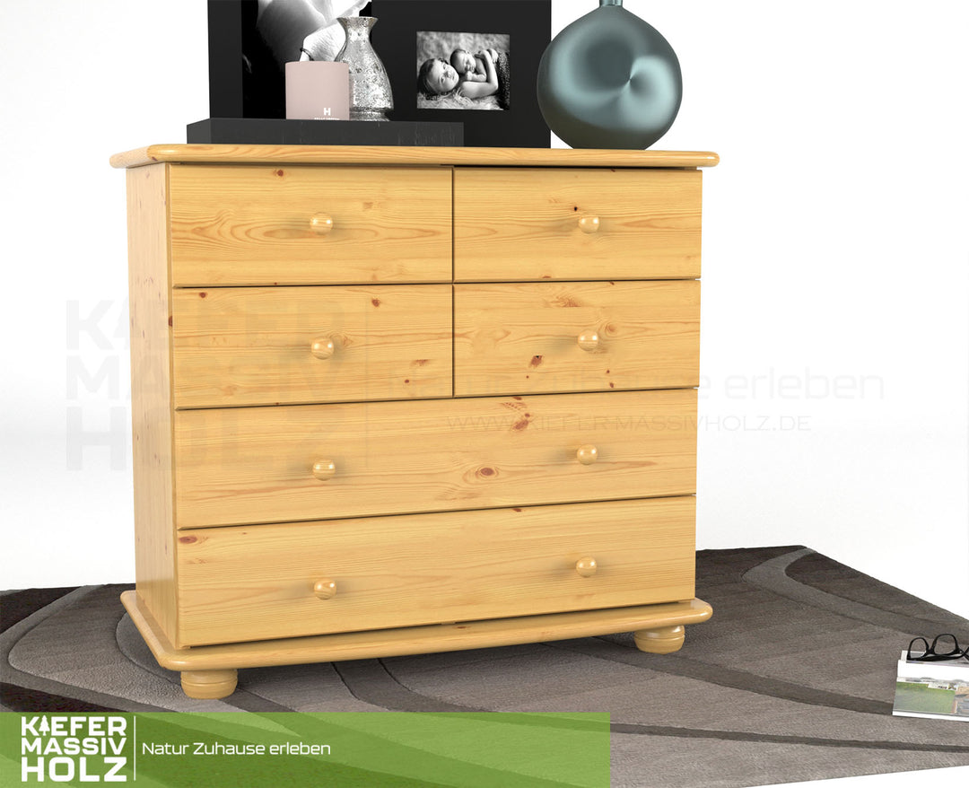 Claudia Kommode Sideboard | Anrichte | 6-Schubladen | 100% Bio Kiefer Massivholz