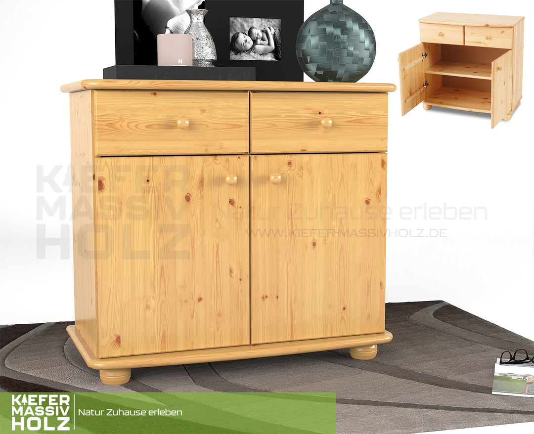 Claudia Kommode Sideboard | Anrichte | 2-Türig | 2-Schubladen | 100% Bio Kiefer Massivholz