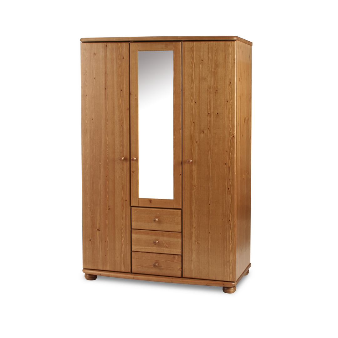 Claudia Spiegelschrank | 3-Türig | 3-Schubladen | 1-Spiegel | 100% Bio Kiefer Massivholz