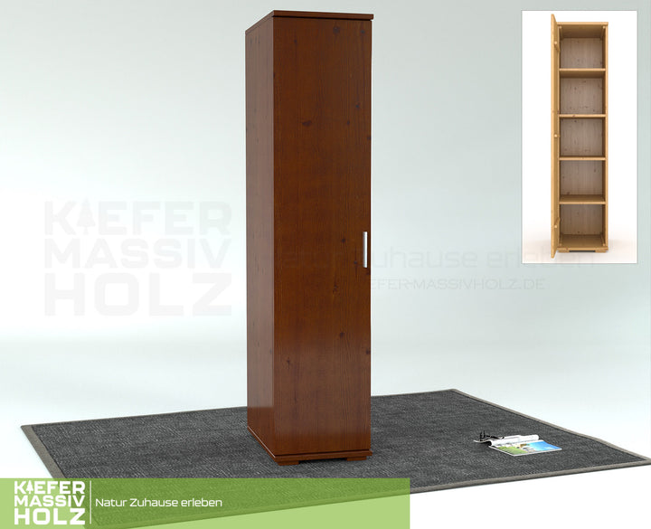 Nobis Kleiderschrank | 59 cm Tiefe 1-Türig mit Regale | 100% Bio Kiefer Massivholz