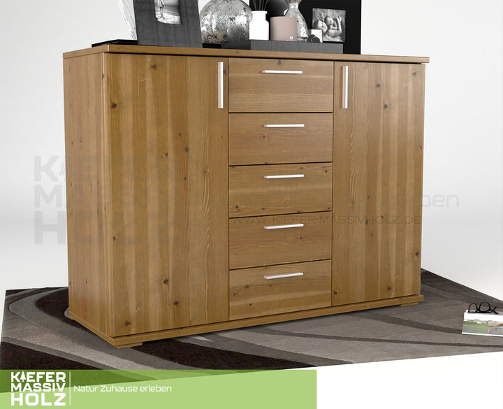 Nobis Kommode Sideboard 120-er | Anrichte | 5-Schubladen | 2-Türig | 100% Bio Kiefer Massivholz