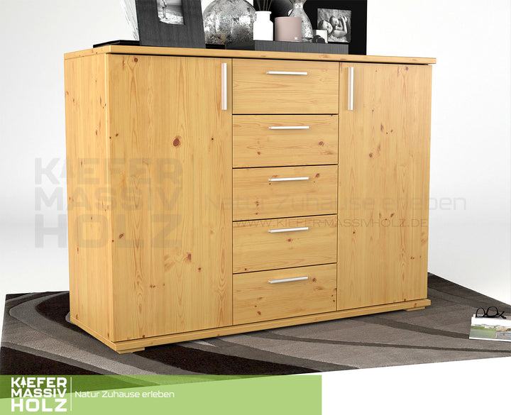 Nobis Kommode Sideboard 120-er | Anrichte | 5-Schubladen | 2-Türig | 100% Bio Kiefer Massivholz