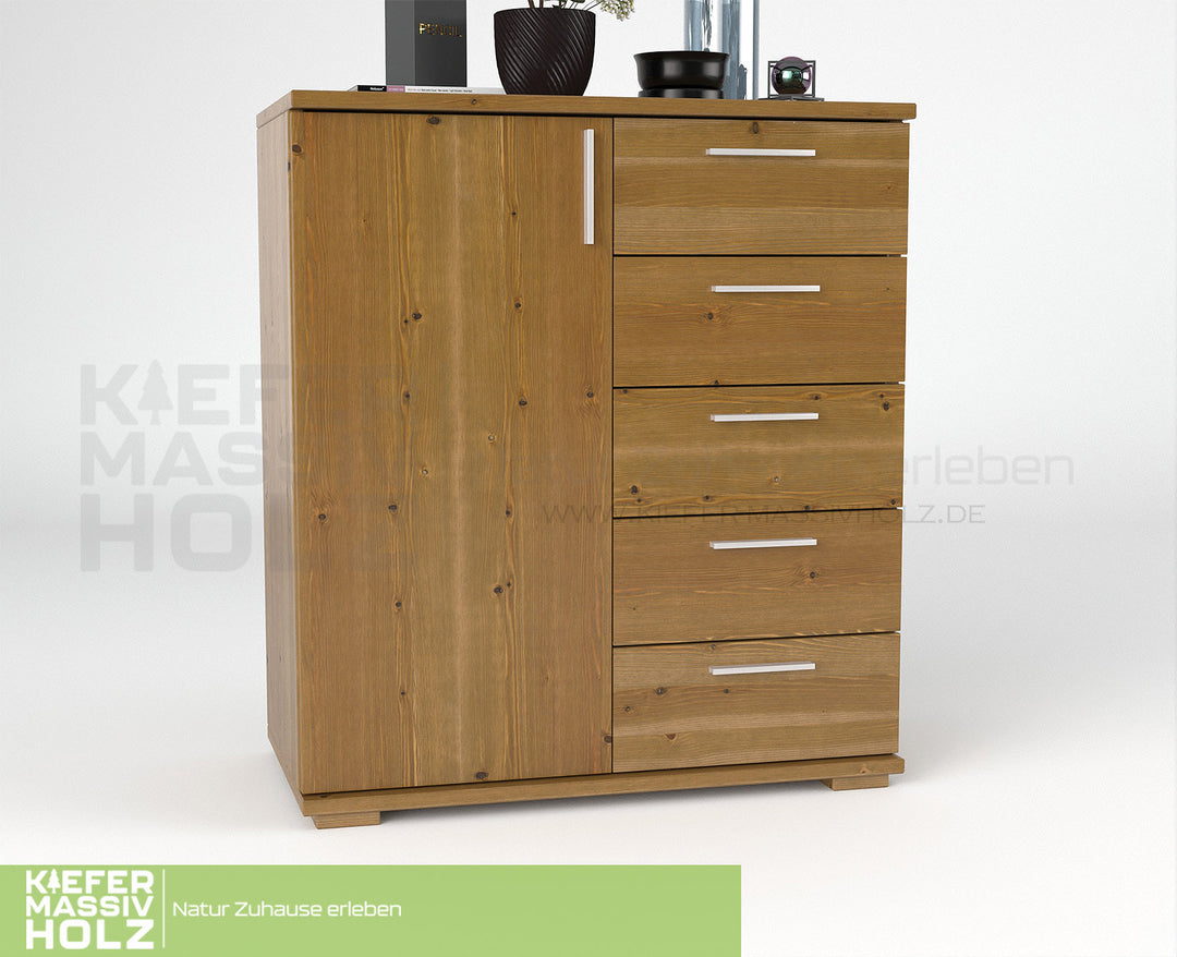 Nobis Kommode Sideboard 90-er | Anrichte | 5-Schubladen | 1-Türig | 100% Bio Kiefer Massivholz