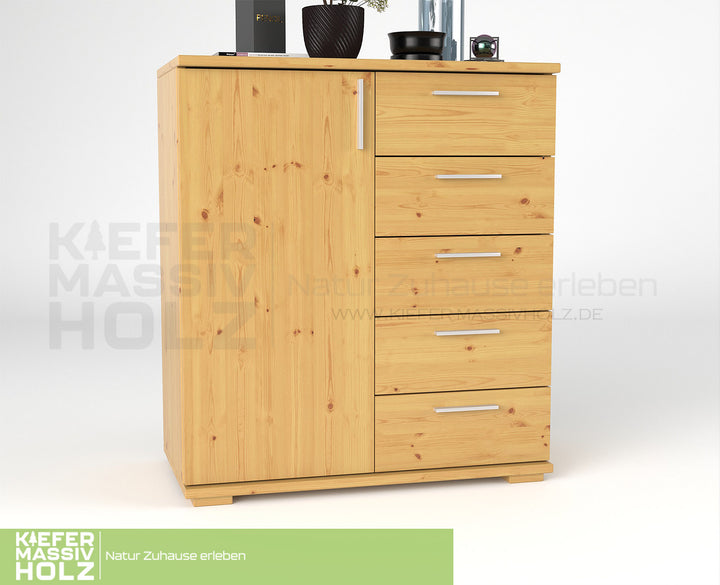 Nobis Kommode Sideboard 90-er | Anrichte | 5-Schubladen | 1-Türig | 100% Bio Kiefer Massivholz