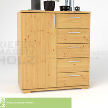 Nobis Kommode Sideboard 90-er | Anrichte | 5-Schubladen | 1-Türig | 100% Bio Kiefer Massivholz