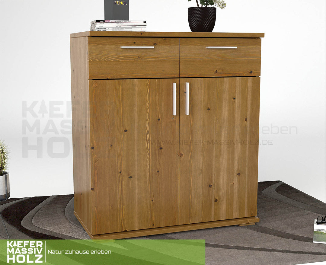 Nobis Kommode Sideboard 90-er | Anrichte | 2-Schubladen und 2-Türig | 100% Bio Kiefer Massivholz