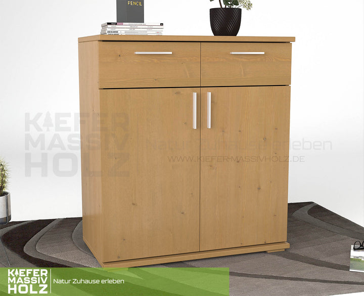 Nobis Kommode Sideboard 90-er | Anrichte | 2-Schubladen und 2-Türig | 100% Bio Kiefer Massivholz