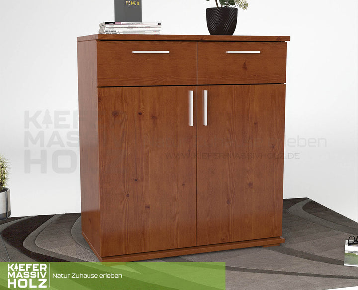 Nobis Kommode Sideboard 90-er | Anrichte | 2-Schubladen und 2-Türig | 100% Bio Kiefer Massivholz