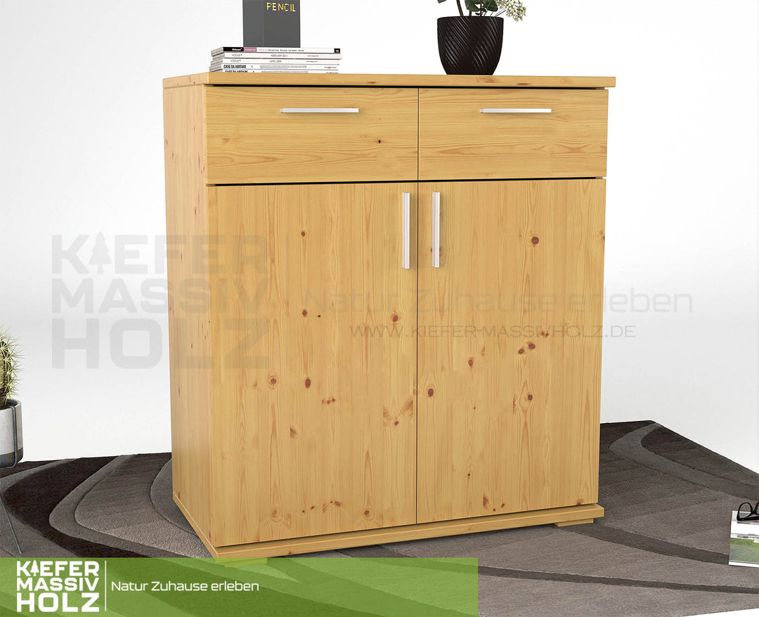 Nobis Kommode Sideboard 90-er | Anrichte | 2-Schubladen und 2-Türig | 100% Bio Kiefer Massivholz