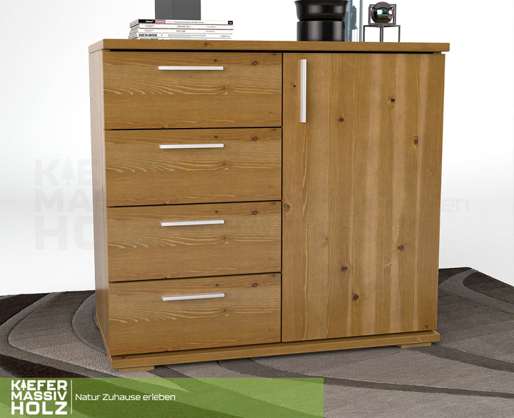 Nobis Kommode Sideboard | Anrichte | 4 kleine Schubladen 1 Türig | 100% Bio Kiefer Massivholz