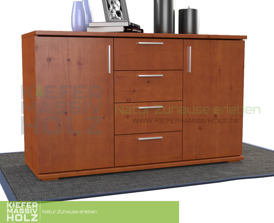 Flemming Nobis Kommode Sideboard | Anrichte | 4-Schubladen - 2-Türig | 100% Bio Kiefer Massivholz - Kiefer Massivholz