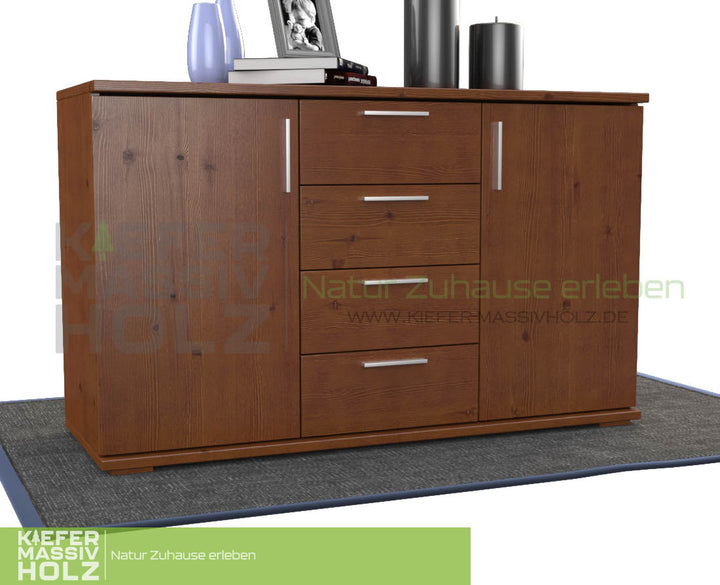 Flemming Nobis Kommode Sideboard | Anrichte | 4-Schubladen - 2-Türig | 100% Bio Kiefer Massivholz - Kiefer Massivholz