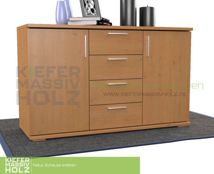 Flemming Nobis Kommode Sideboard | Anrichte | 4-Schubladen - 2-Türig | 100% Bio Kiefer Massivholz - Kiefer Massivholz