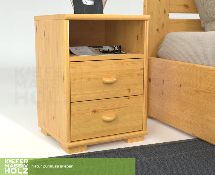 Vanessa pine solid wood bedside table nightstand | 2 drawers 1 shelf | 100% organic pine
