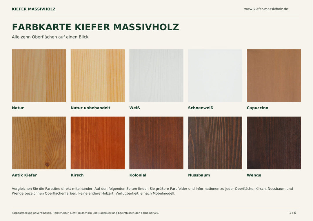 Farbkarte Kiefer Massivholz – zehn Oberflächen: Natur, Natur unbehandelt, Weiß, Schneeweiß, Capuccino, Antik Kiefer, Kirsch, Kolonial, Nussbaum und Wenge